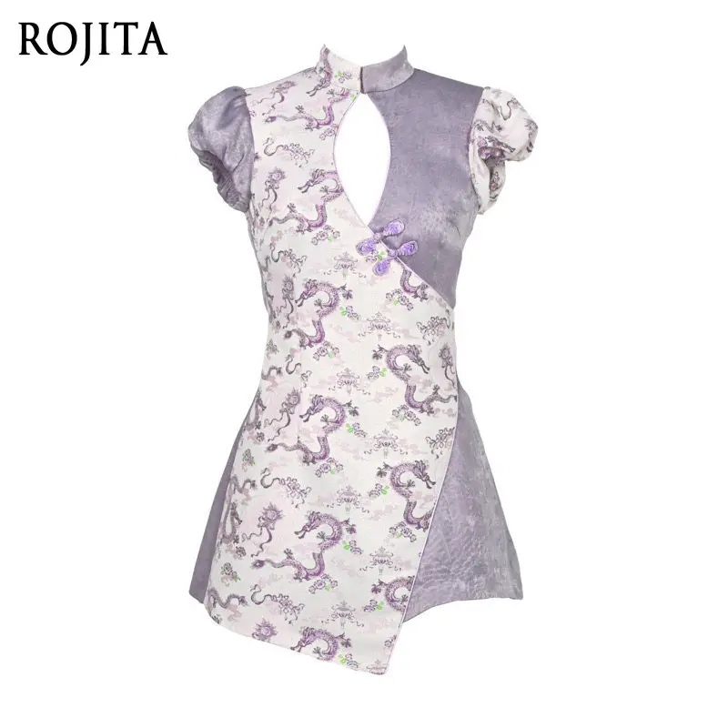 

Dragon Pattern Jacquard Cheongsam Jumpsuit Stand Collar Puff Sleeve Hollow Out Frog Button Irregular Split Bodycon Dress