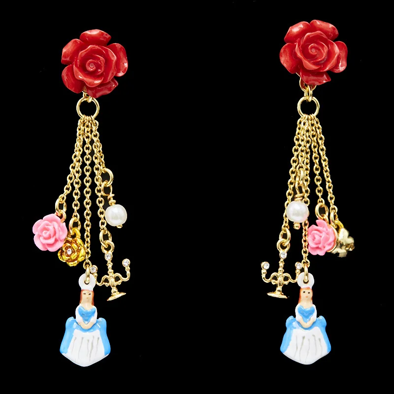 Fashion Fairy Style Safflower Resin Enamel Glaze Beauty Girl Candlestick Pearl Multi Drop Dangle Long Fringes Stud Earrings Clip