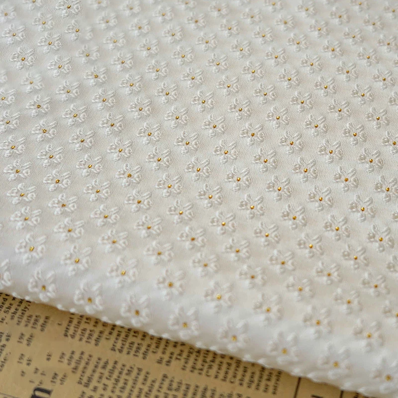 White Small Flower Gold Silk Jacquard Fabric Simple Style Women's Spring Autumn Wedding Dress Sewing Fabric 50cmx155cm