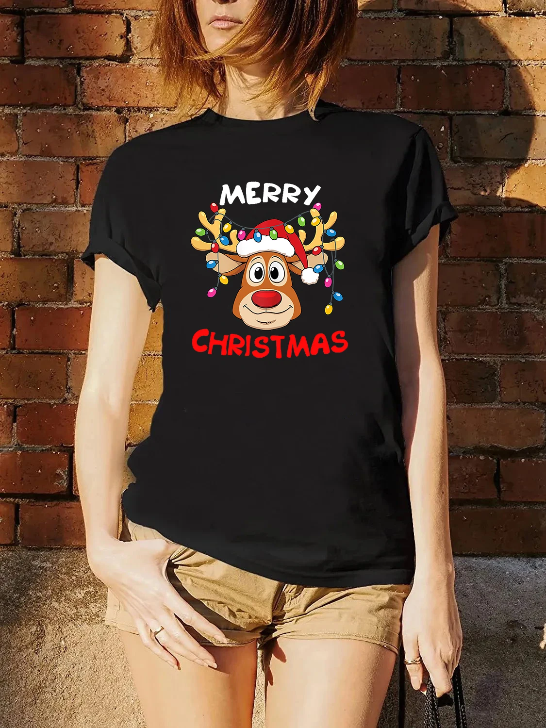 

100% cotton ladies short sleeve Merry Christmas Moose with lights, round neck, multiple colors, sizes XS to 3XL