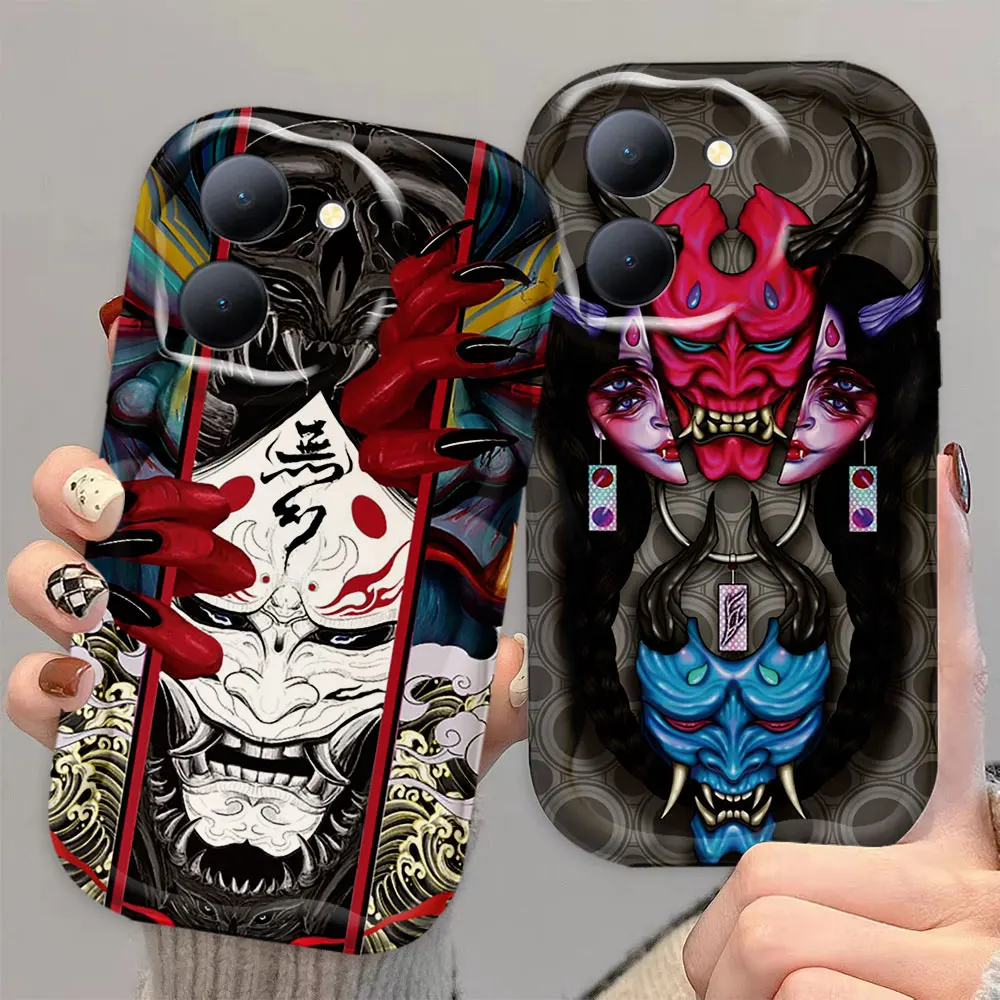 Japanese Samurai Ghost Mask Cream White Curve Mobile Phone Case Cover For VIVO Y35 Y28 Y27 Y22 Y21 Y20 Y19 S I T A SG G 5G