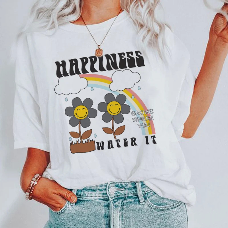 Kuakuayu HJN Summer Women Loose Aesthetic T-Shirt Happiness Grows Retro Tee Vintage Hippie Floral Graphic Tshirts Cute Tops