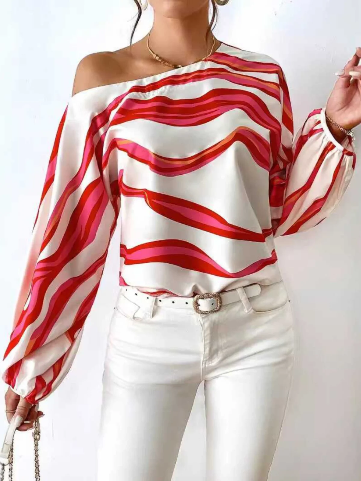 Sexy Long Sve Damen T-Shirt Wave Print Slant Collar Oulder Bared IRT Street Sle Slim Fit Polyester Lantern Sve