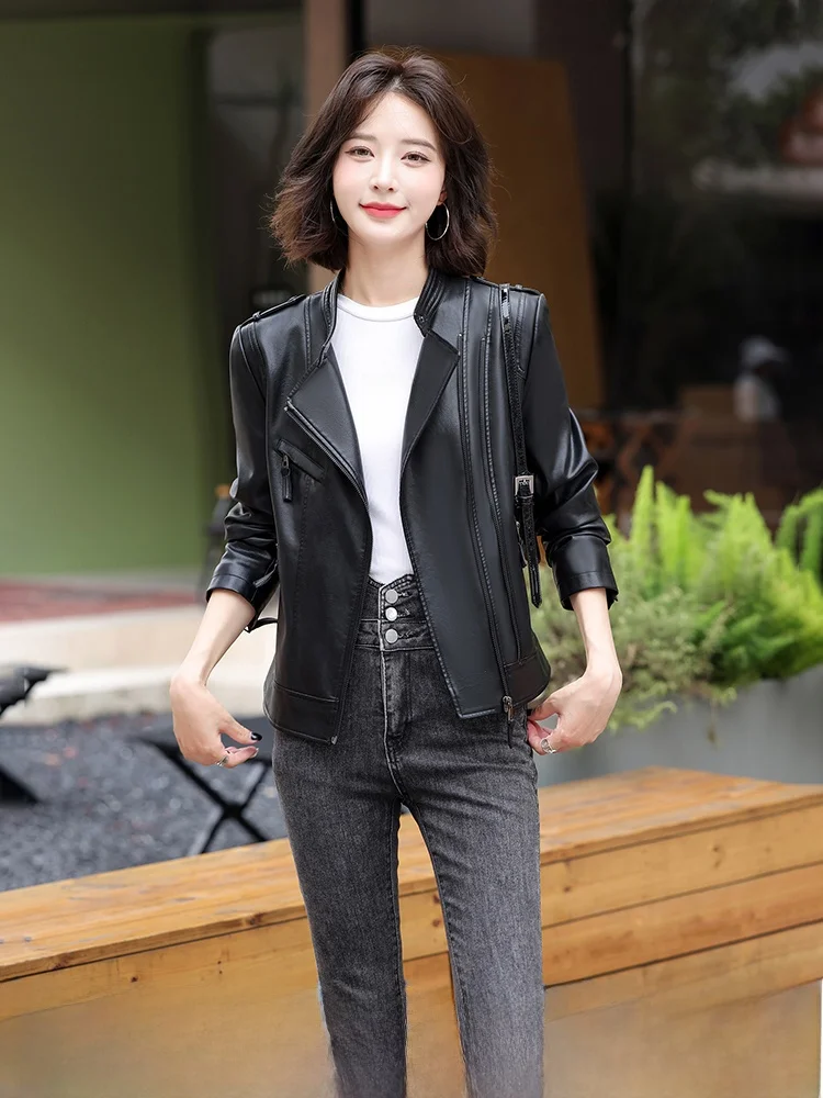 

Модная женская куртка из овечьей кожи, приталенная, в корейском стиле, весна-осень, трендовая верхняя одежда из овечьей кожи Хайнин