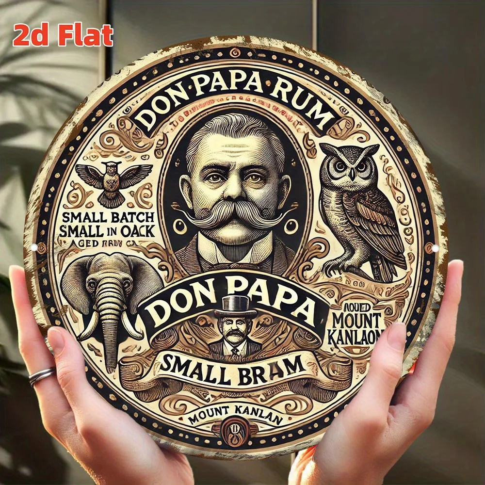 Vintage-Design „Don Papa Rum Small Batch“ im Retro-Stil mit verziertem, abgenutztem Design, Porträt-, Eulen-, Elefanten- und Mount-Kanlaon-Akzenten & 2D-Flachgrafik
