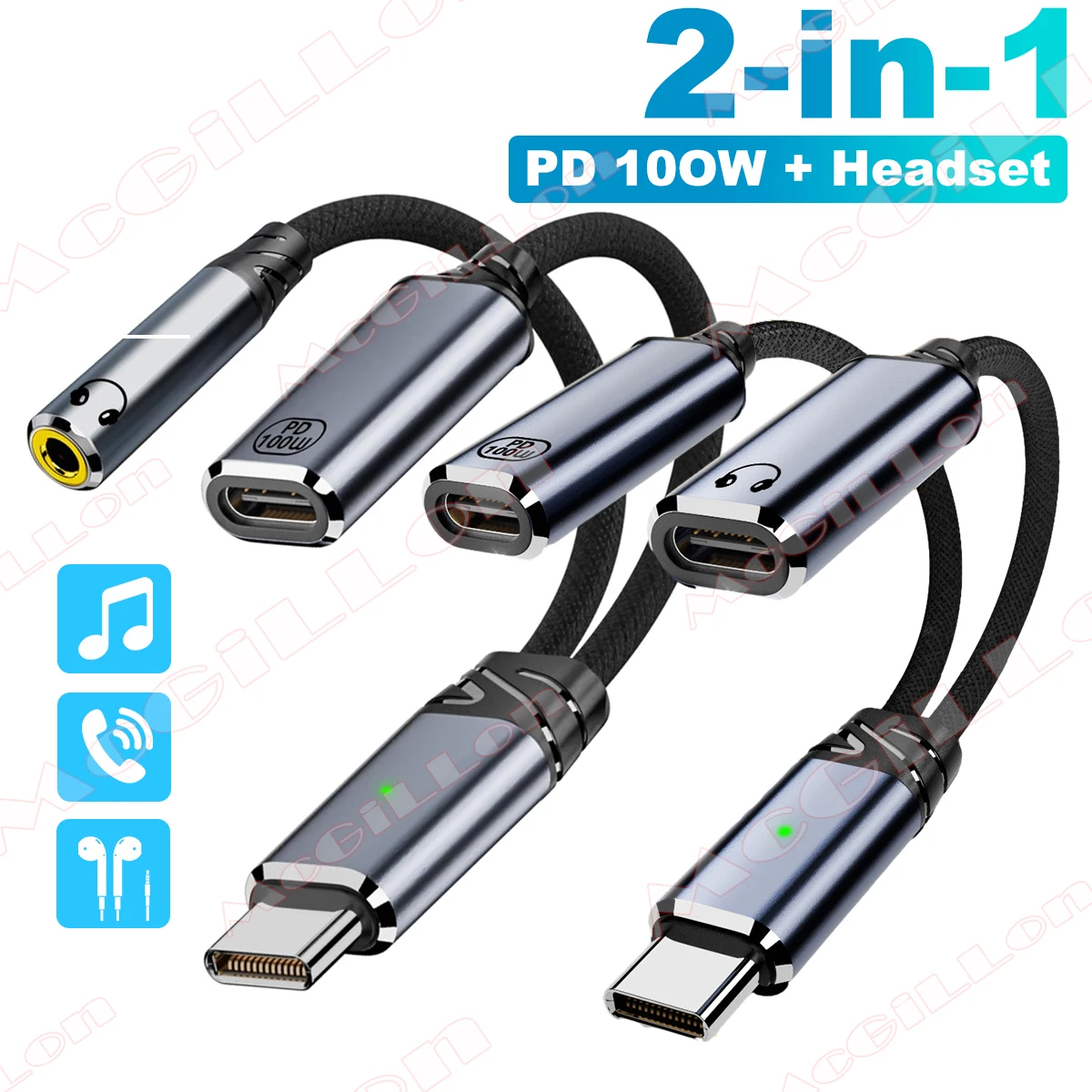 OTG 2 IN 1 USB C Splitter to Dual Type USB C Headphone Jack Audio Adapter PD100W Fast Charger for Samsung Huawei IPhone16 Xiaomi