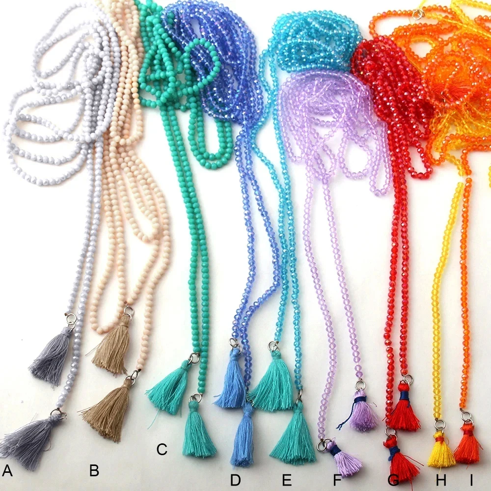 Fashion Bohemian Tribal Jewelry 4mm Mini Crystal Glass beads with tassel charm Pendant Necklace For Women Lariat Necklaces