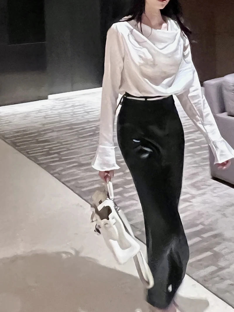 

Асимметричная юбка-миди с высокой талией и разрезом, женская, из искусственного шелка, однотонная, для офиса, из регенерированной целлюлозы