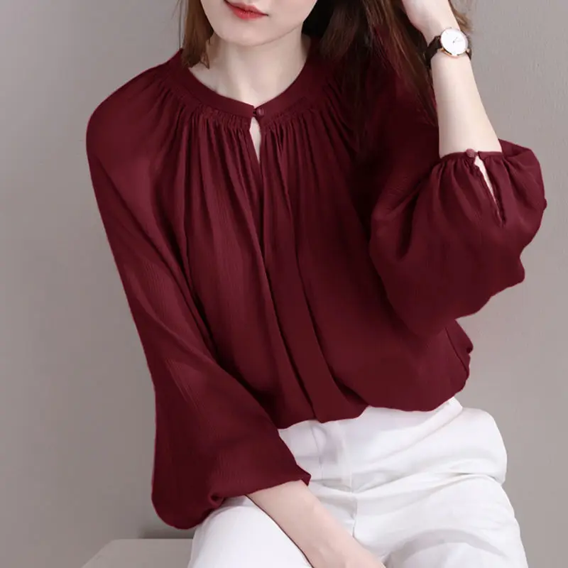 Fashion Crew Neck Lantern Sleeve Spring Autumn Oversized Chiffon Blouse Loose Casual Long Sleeve Commute Women\'s Clothing Shirt