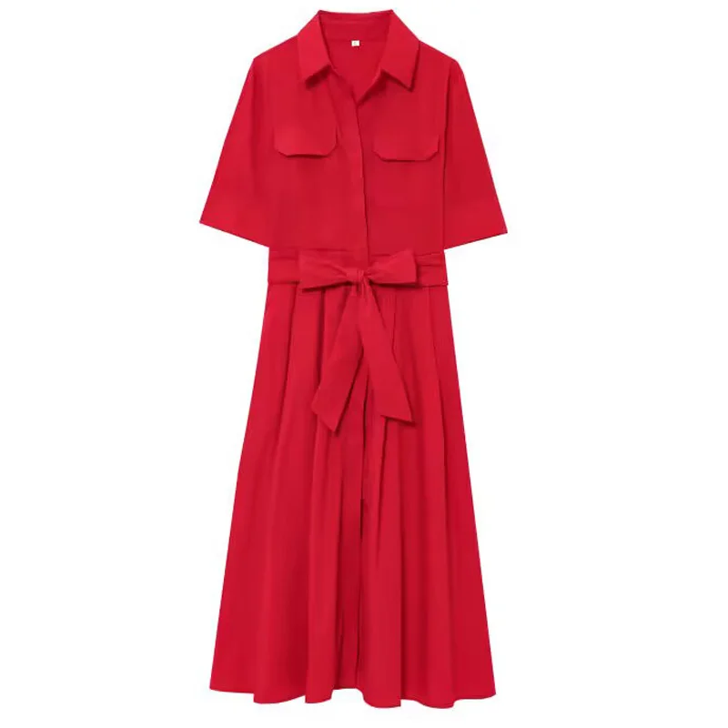 HXAO エレガントなパーティードレス 2025 レディース春夏半袖レッドミディドレスファッションカジュアル Y2k ロングドレス Vestidos