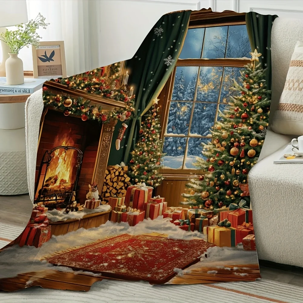 Christmas Fireplace Flannel Throw Blanket, Festive Tree Ornament Design, Soft Warm Red Gold Holiday Decor, All Season Cozy Gift