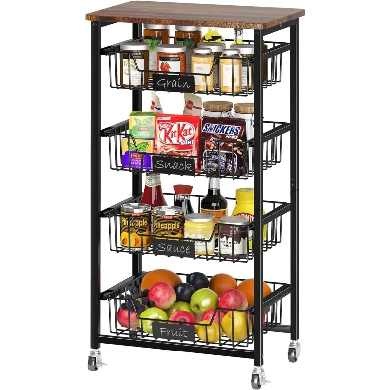 4-Tier Kitchen Storage Cart with Wheels, Utility Rolling Cart Fruit Vegetable Storage Basket Pantry Rack with Wood Top