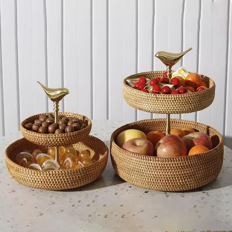 

Vintage Handwoven Rattan Fruit Basket Luxury Brass Snack Serving Tray for Coffee Table Multilayer Dry Fruit Nut Bowl Home Decor