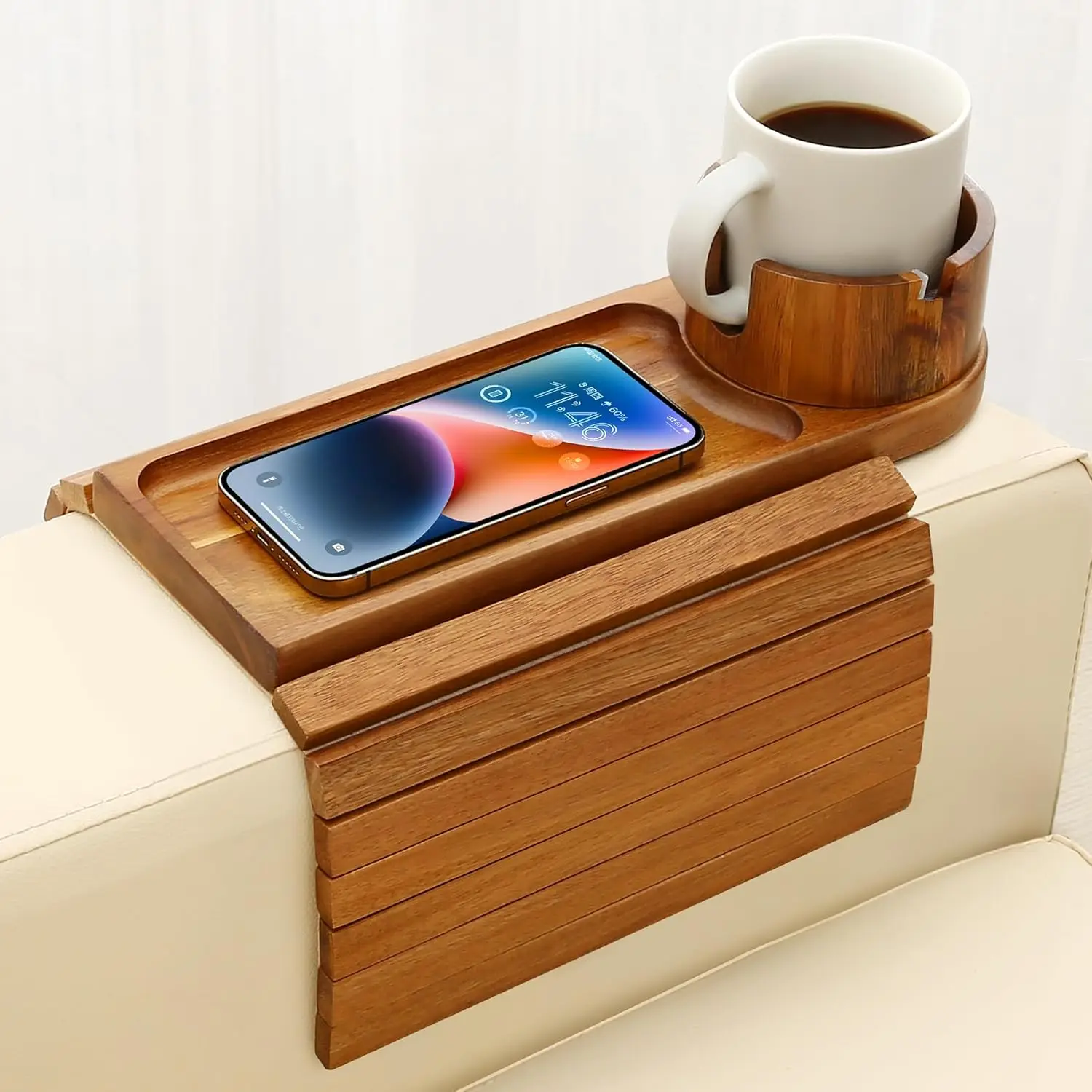 

15.75" Acacia Wood Couch Armrest Table, Foldable Sofa Clip-on Side Tray with 360° Phone Stand for Coffee Snacks