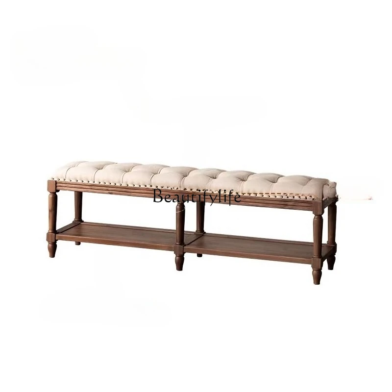 

American Style Solid Wood Shoe Changing Bench for Home Entrance, Sit-on Shoe Rack, Bed End Stool