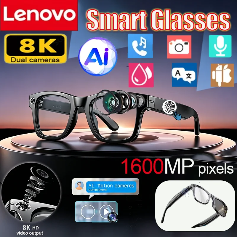 Lunettes intelligentes Lenovo 8K 1600MP HD avec commande tactile Chat GPT, lunettes de soleil IA, lecteur de musique, appel Bluetooth, traducteur, assistant vocal
