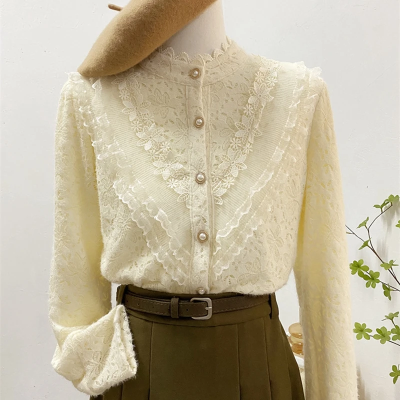 Lace Embroidery Stitch Shirts and Blouses For Women\'s Spring Autumn New Fashion Beige Shirt Long Sleeve Office Lady Elegant Top