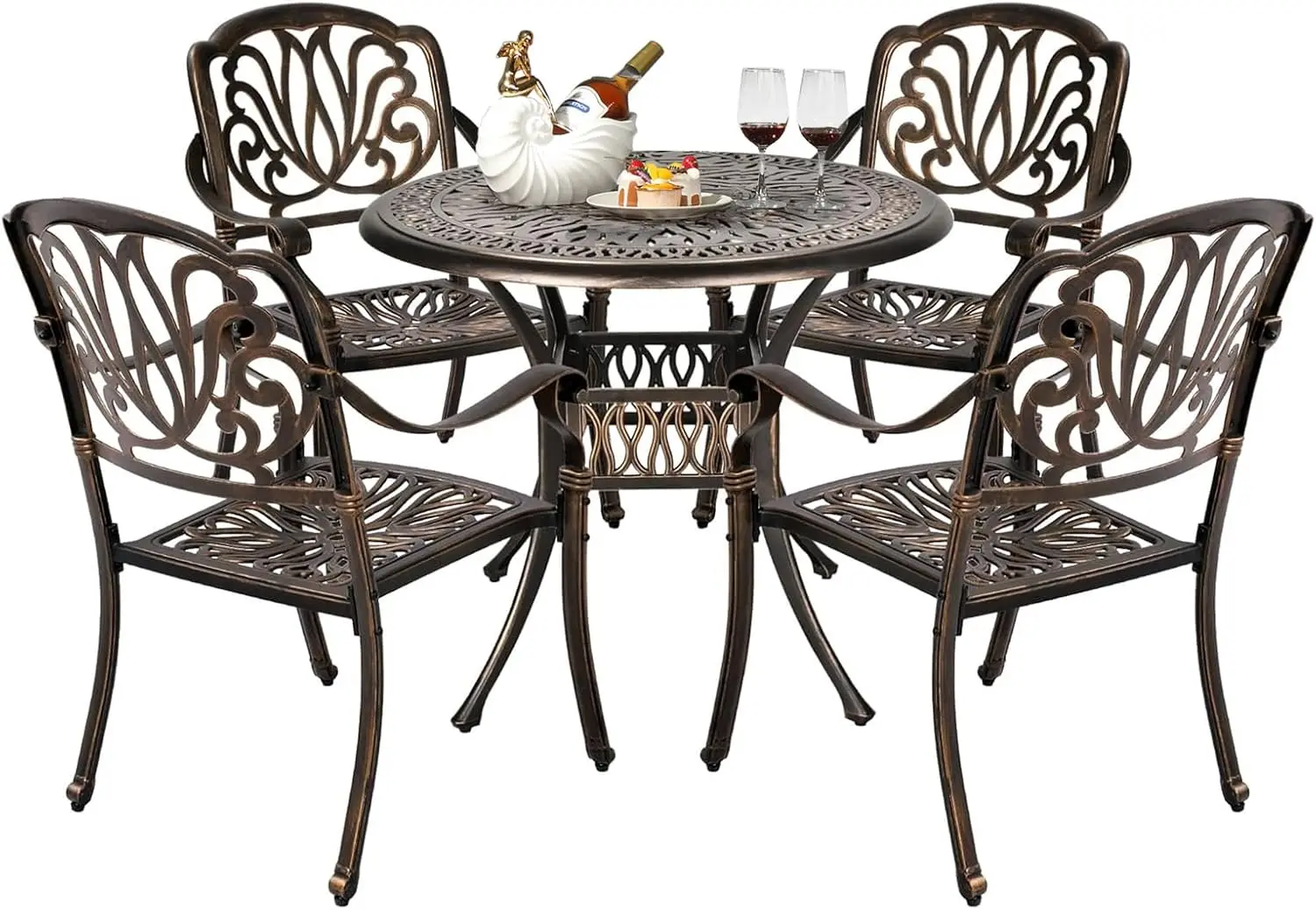 

5 Pieces Outdoor Patio Dining Set Cast Aluminium Patio Furniture Set with 4 Chairs and 1 Umbrella Table for Yard Garden Porch an