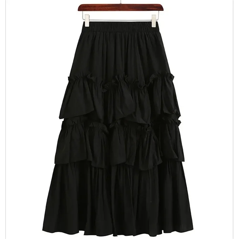 

Korean Fashion Fairy Skirts Women Gothic High Low Ruched Ruffle High Waist Asymmetrical Midi SkirtBlack Long Skirts