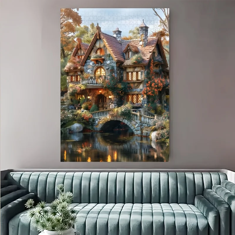 1000 قطعة من أحجية الصور المقطوعة من Lakeside Cottage - دعابة الدماغ التي تحديها بنفسك للبالغين والعائلات، تصميم مستطيل أبيض مع Vib