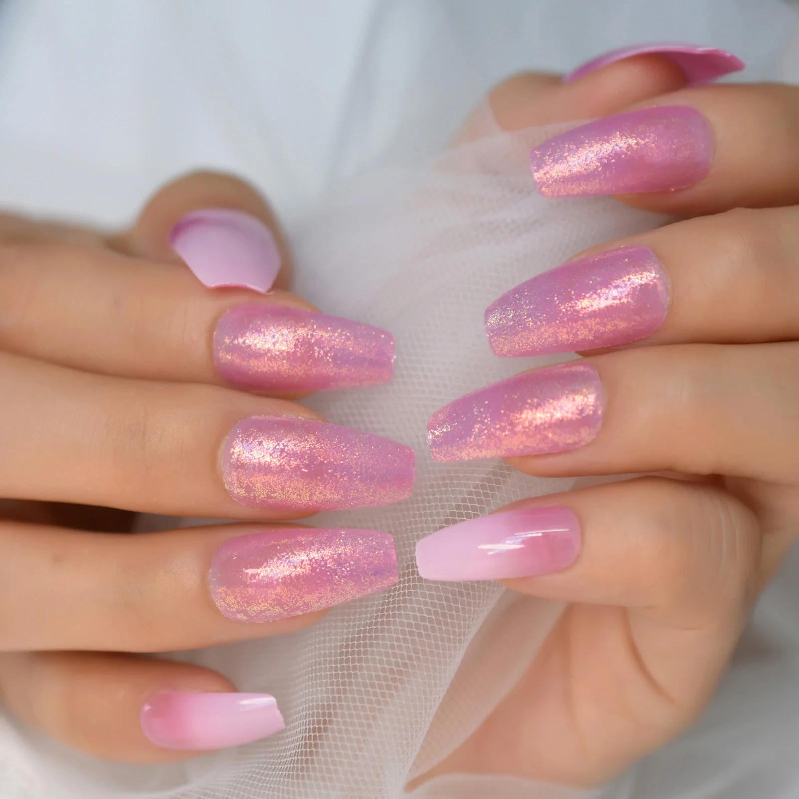 Ombre Pink French Press on False Nails Shiny Glitter Gradient Long Ballerina Coffin Full Cover Fake Fingers Nails faux ongles