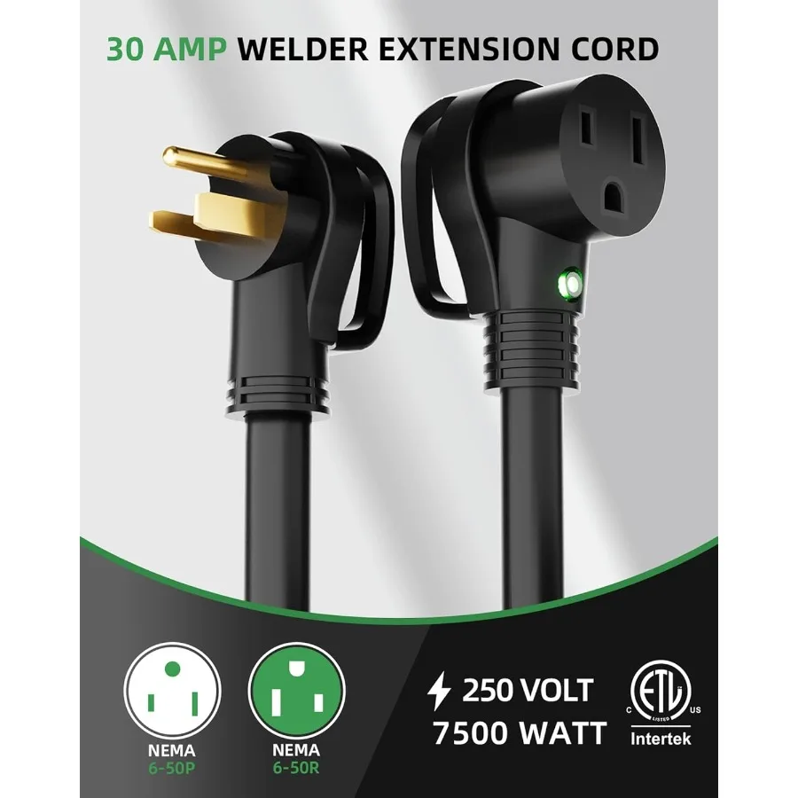 8 AWG 250V Heavy Duty Welder Extension Cord 25ft with LED Light and Handle for Industrial Welding Machines 30 Amp 3 Prong STW C