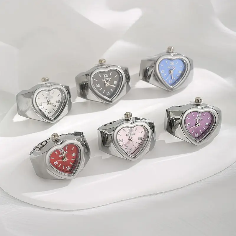 Small Size Heart Shape Alloy Ring Watch Elastic Strap Stainless Steel Quartz Movement for Women with Slim Fingers