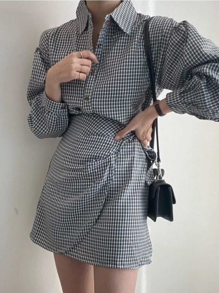 Frühling Herbst Plaid Kragen irt Dr Frauen Design Sinn Taille-Cinching Gürtel Lange Sve Unregelmäßigen Dr