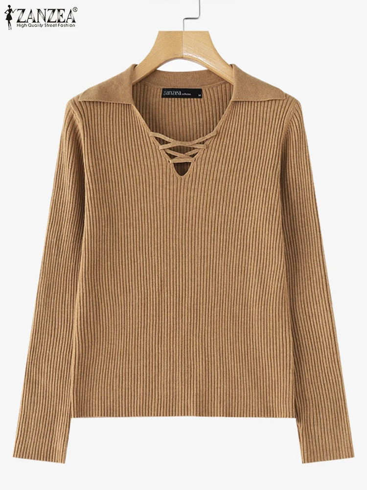 ZANZEA Damen-Strickpullover, 2025, Herbstpullover, solide Oberteile, modisch, langärmelig, V-Ausschnitt, Pullover, lässig, gerippt, Pendlerpullover