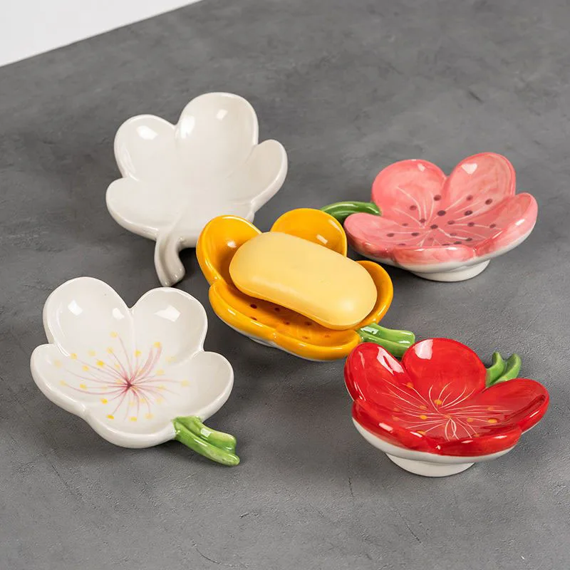 

Ceramic Flower Shaped Drain Soap Box, Household Bathroom Soap Storage Rack