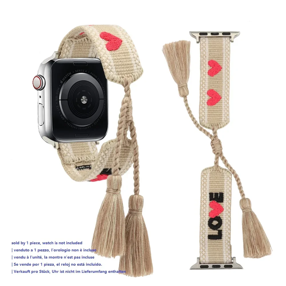 Handmade Apple Watch Strap 38mm 40mm 41mm 42mm 44mm 45mm Series 6 7 8 9 with Adjustable Tassels and Embroidered Writing