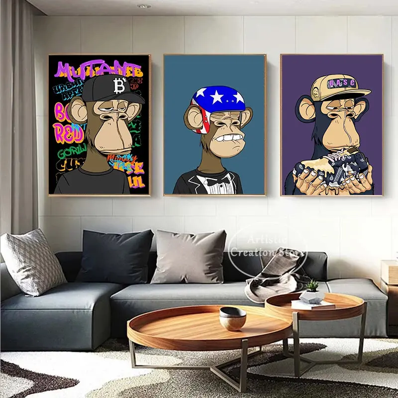 Abstract Pop Wall Art Animals Funny Monkey Poster NFT Canvas Painting Fashion Bored APE Pictures for Living Room Club Home Decor