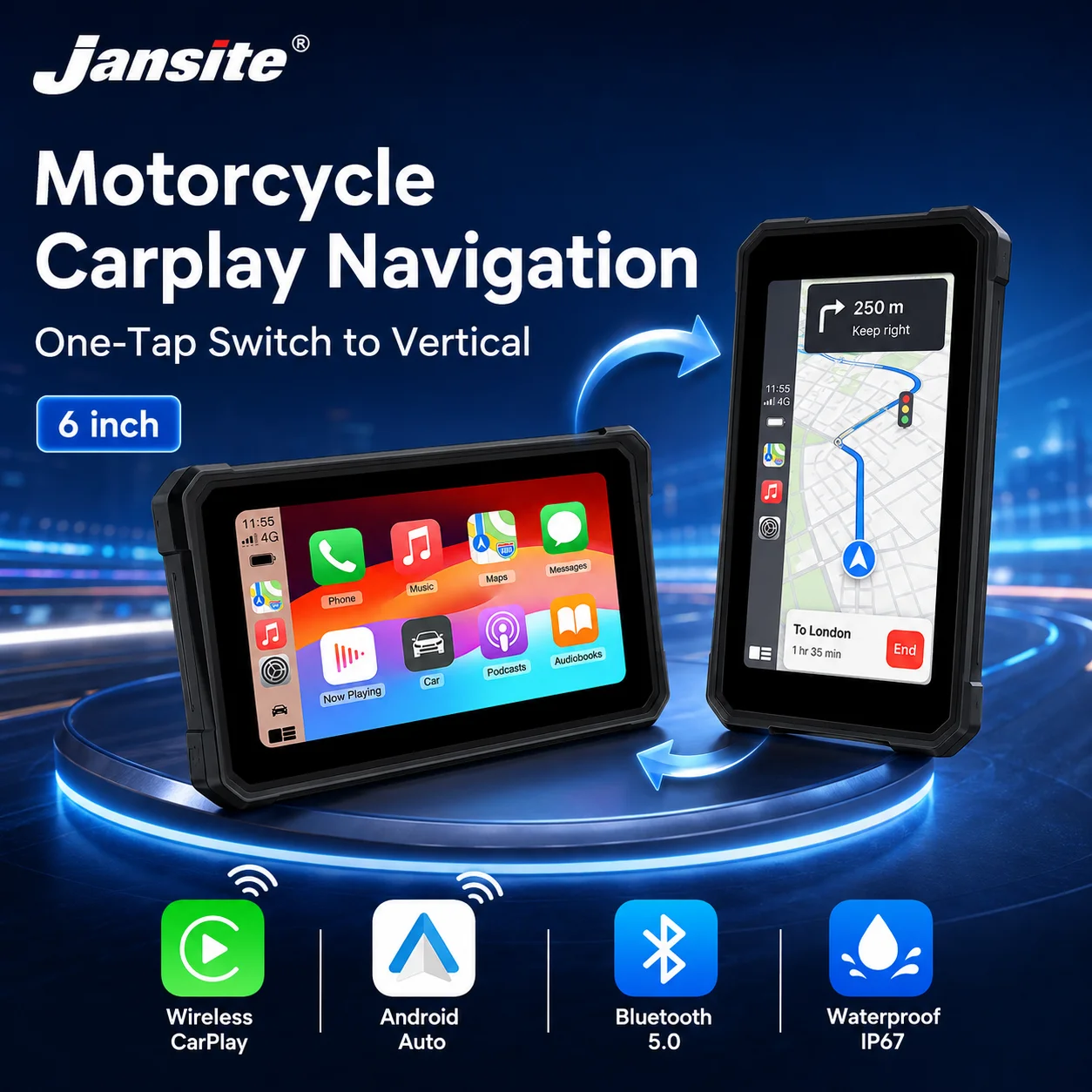 Jansite Portable 6 inch Motorcycle GPS Navigation Wireless CarPlay Moto Android Auto Digital Dashboard BT5.0 Screen Rotation