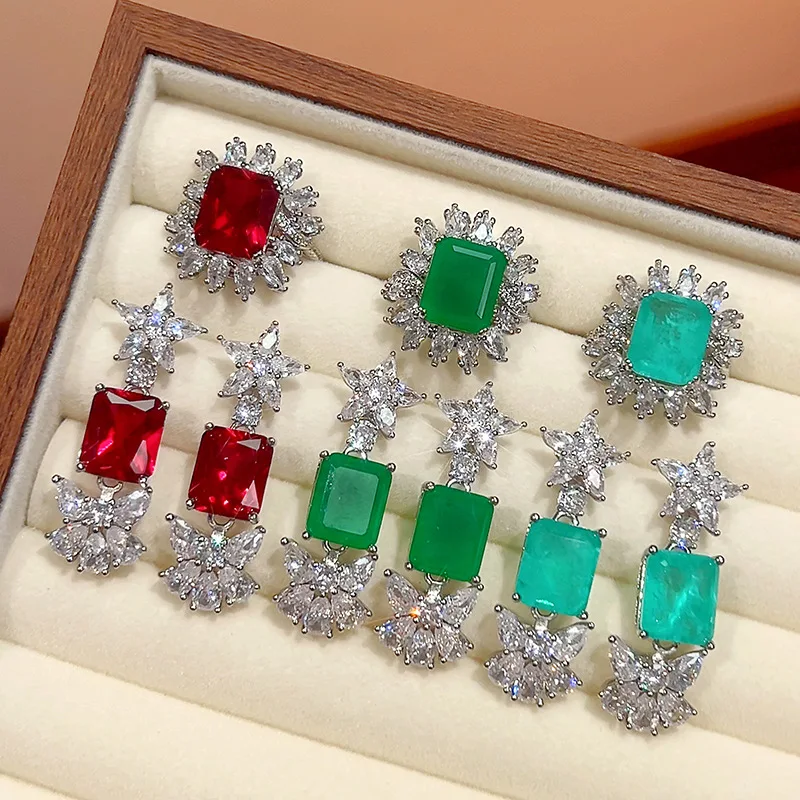 Silver Plated Jewelry Set Square Synthetic Ruby Emerald Zircon Sun Ring Star Butterfly Drop Earrings European Women Luxury Suit