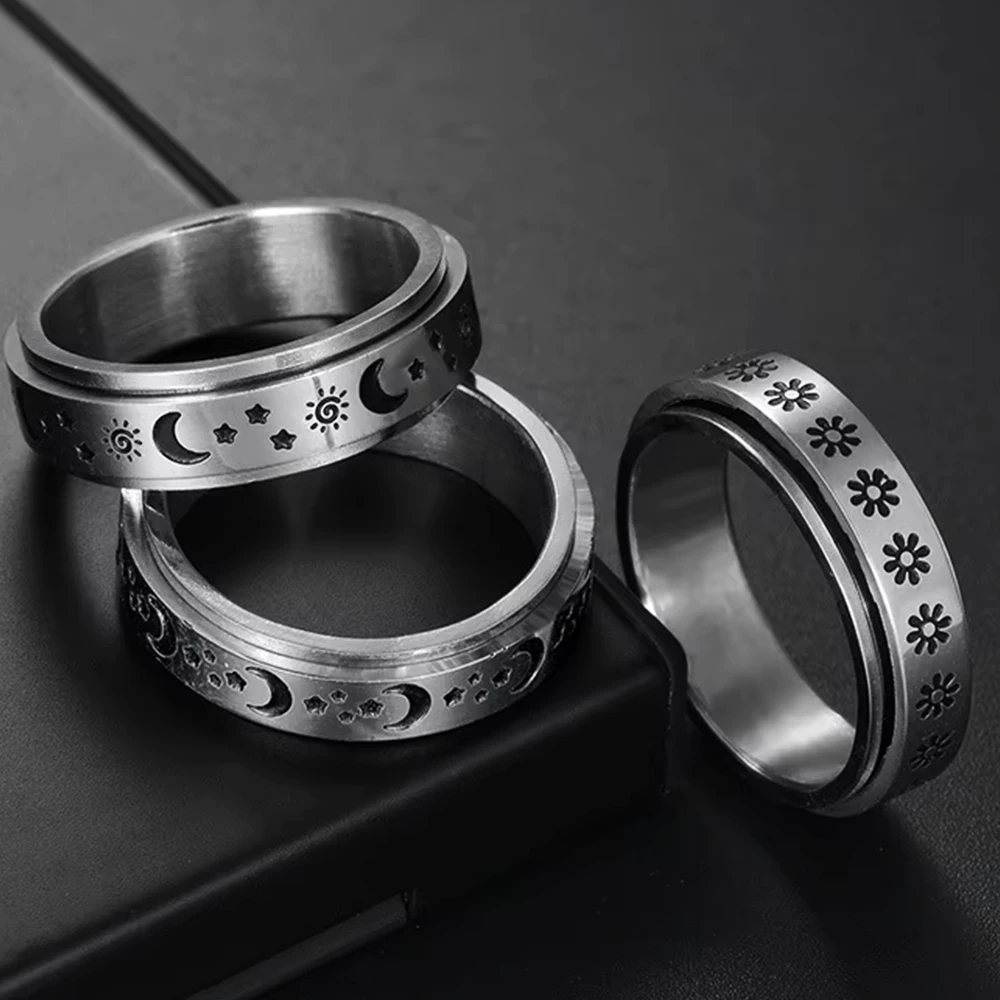 Anxiety Ring Sun and Moon Rings For Women & Men Stainless Steel Rotate Freely Spinning Anti Stress Accessories Jewelry Gifts