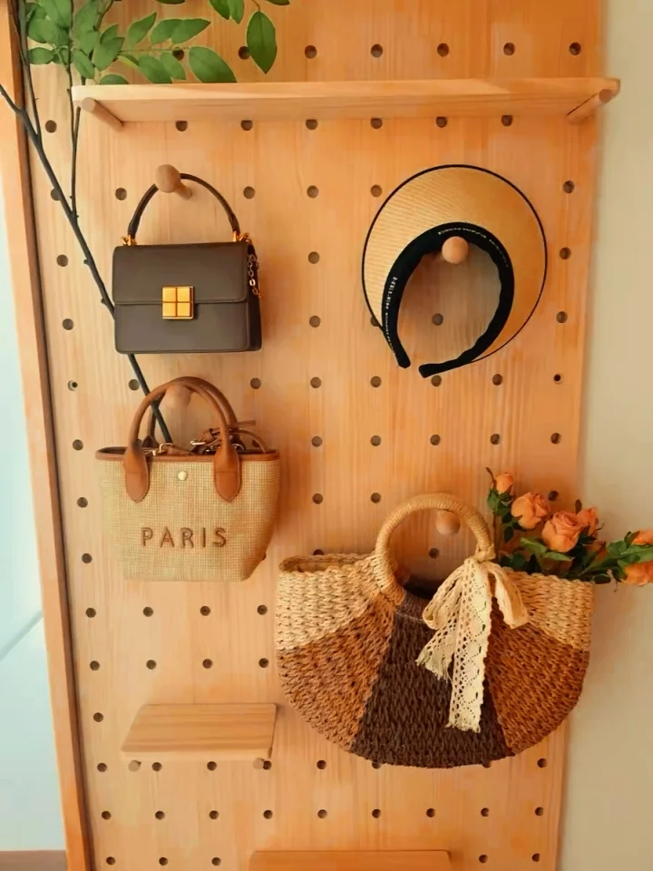 ‌Multi-Purpose Pegboard Wall Shelf Entryway Organizer Racks Hooks Wooden Floating Shelves for Space-Saving Wall Home Decoration