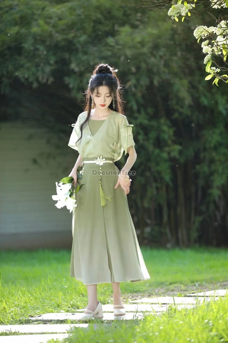 Vestido de chá estilo retro hanfu moderno, fresco, retro, suave, literatura, arte, diário, melhorado, hanfu, estilo han, verão, novo, 2024