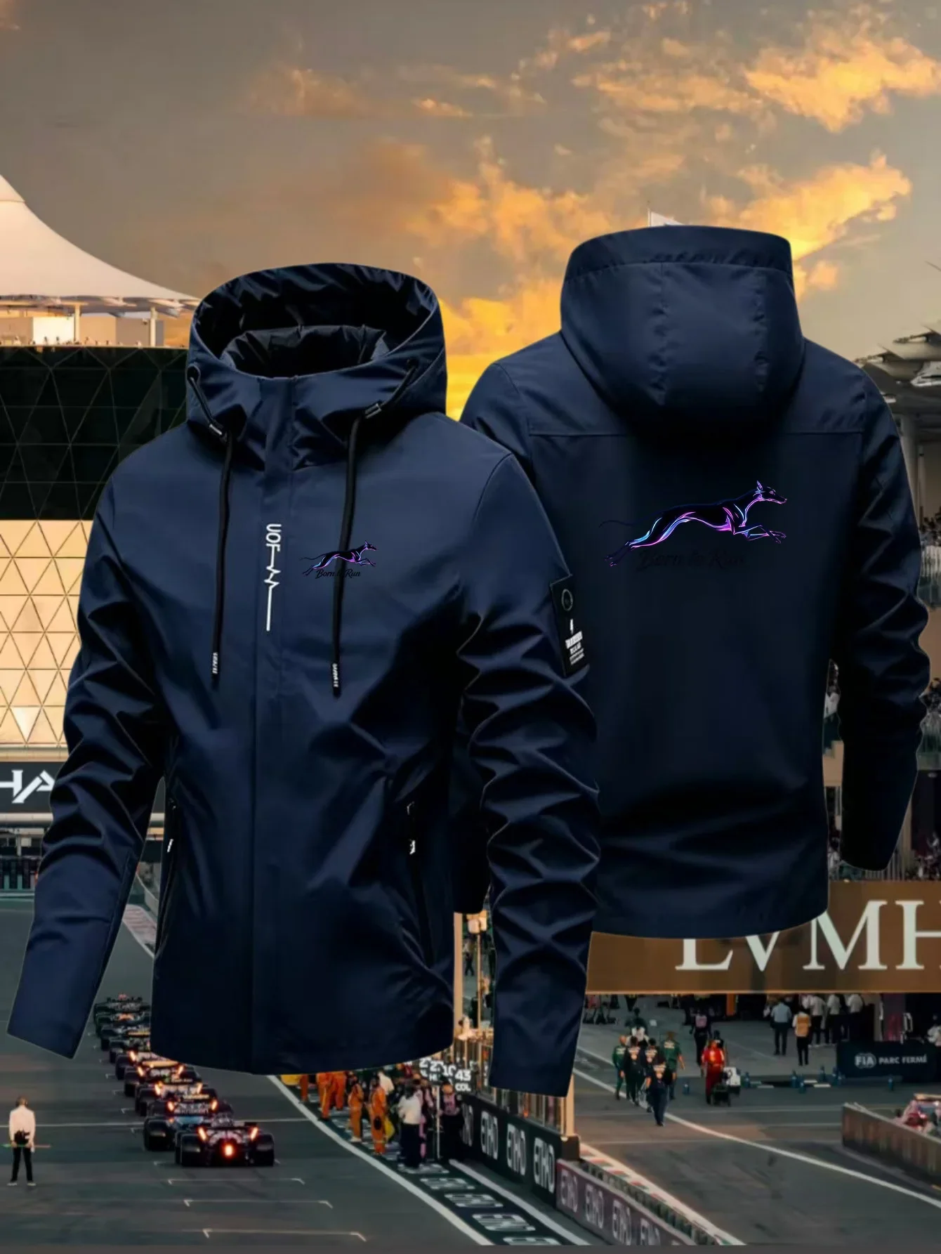 2026 New Men's Waterproof Hooded Lightweight Cycling Purple Dog Print Jacket, Street-Style Outdoor Hiking Windproof Casual Coat