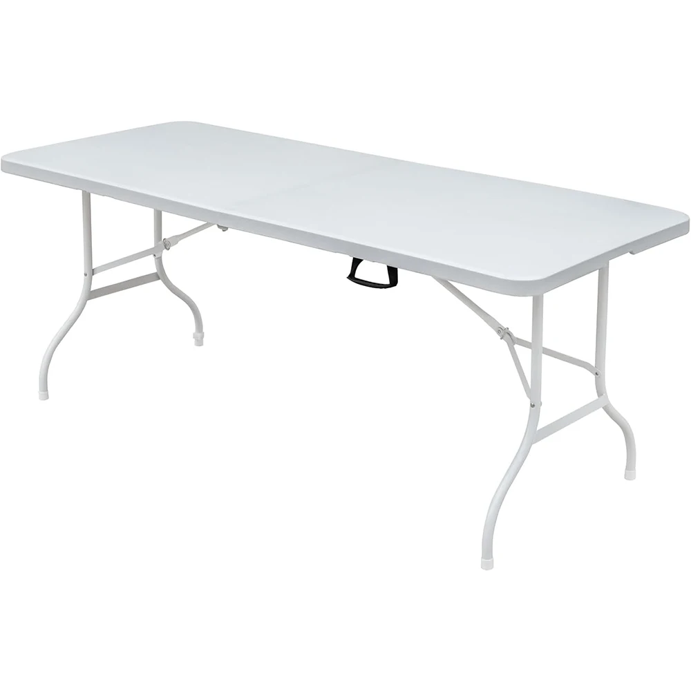 6 Ft Plastic Folding Table, Portable Fold-in-Half Table with Iron Legs, Carrying Handle, Outdoor Rectangular Fold Out Table