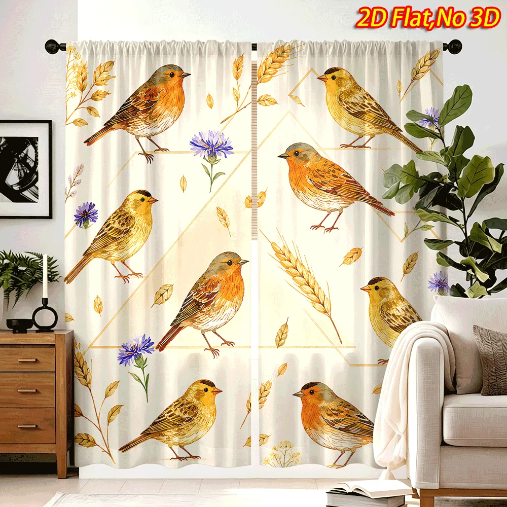 2PCS Digital Print Curtains, Wheat Bird Flower, Country Rustic