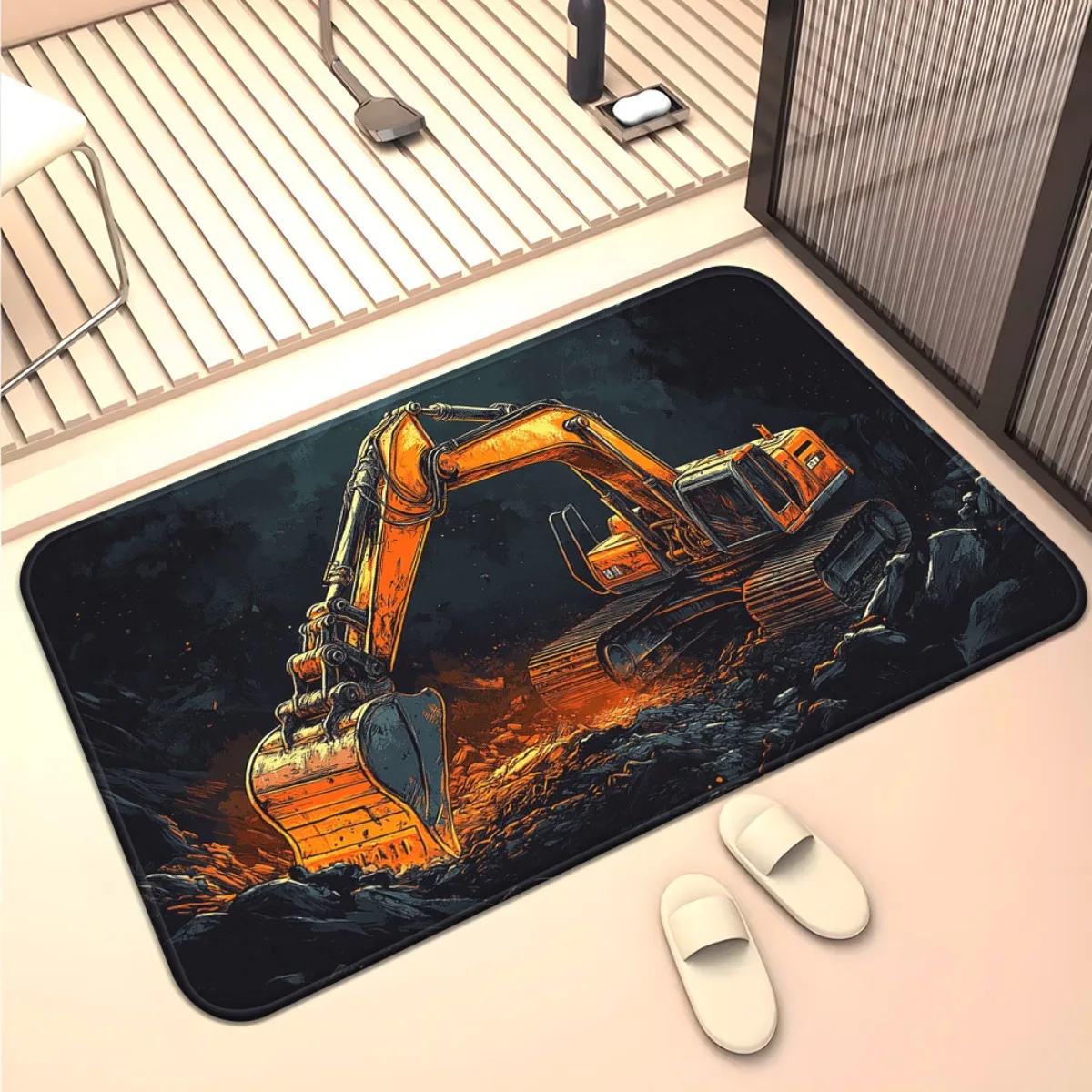 Excavator Construction Vehicle Door Mat - Heavy Machinery Floor Rug, Industrial Theme Entry Mat, Non-Slip, Multiple Sizes