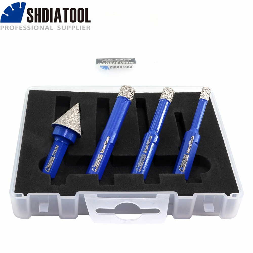 

SHDIATOOL Diamond Drill 4pcs/set 6/8/10mm Core Bits Triangle Shank 20mm Chamfer Ceramic Porcelain Granite Marble Brick Hole Saw