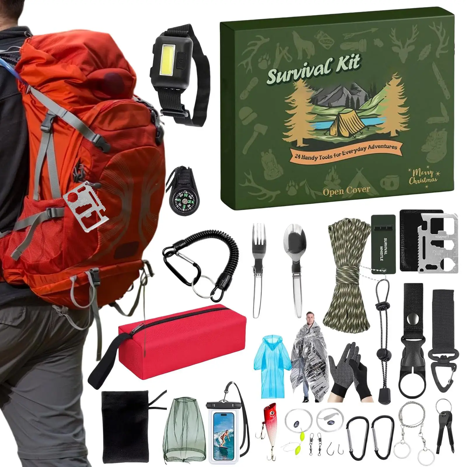 サバイバル-クリスマス-アドベント-クリスマス-24-日カウントダウン-カレンダー-サバイバルツール-釣り-ハイキング-狩猟-バックパッキング-アウトドア用