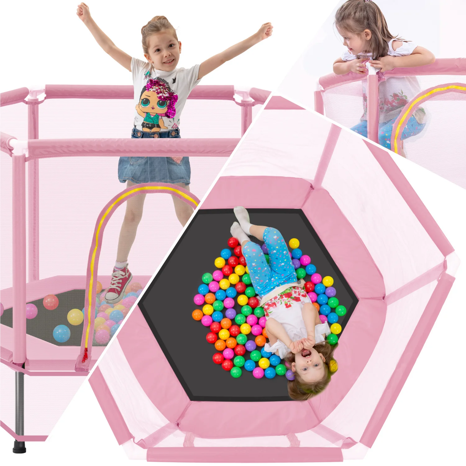 55'' peuterstrampoline met veiligheidsnet en ballen, mini-trampoline voor binnen en buiten voor kinderen