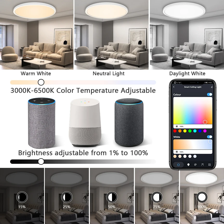 Lámpara de techo LED moderna con Wifi, cambio de Color regulable con luz nocturna, RGB + CW + WW, Control por voz, Alexa, para sala de estar, Tuya, 40W