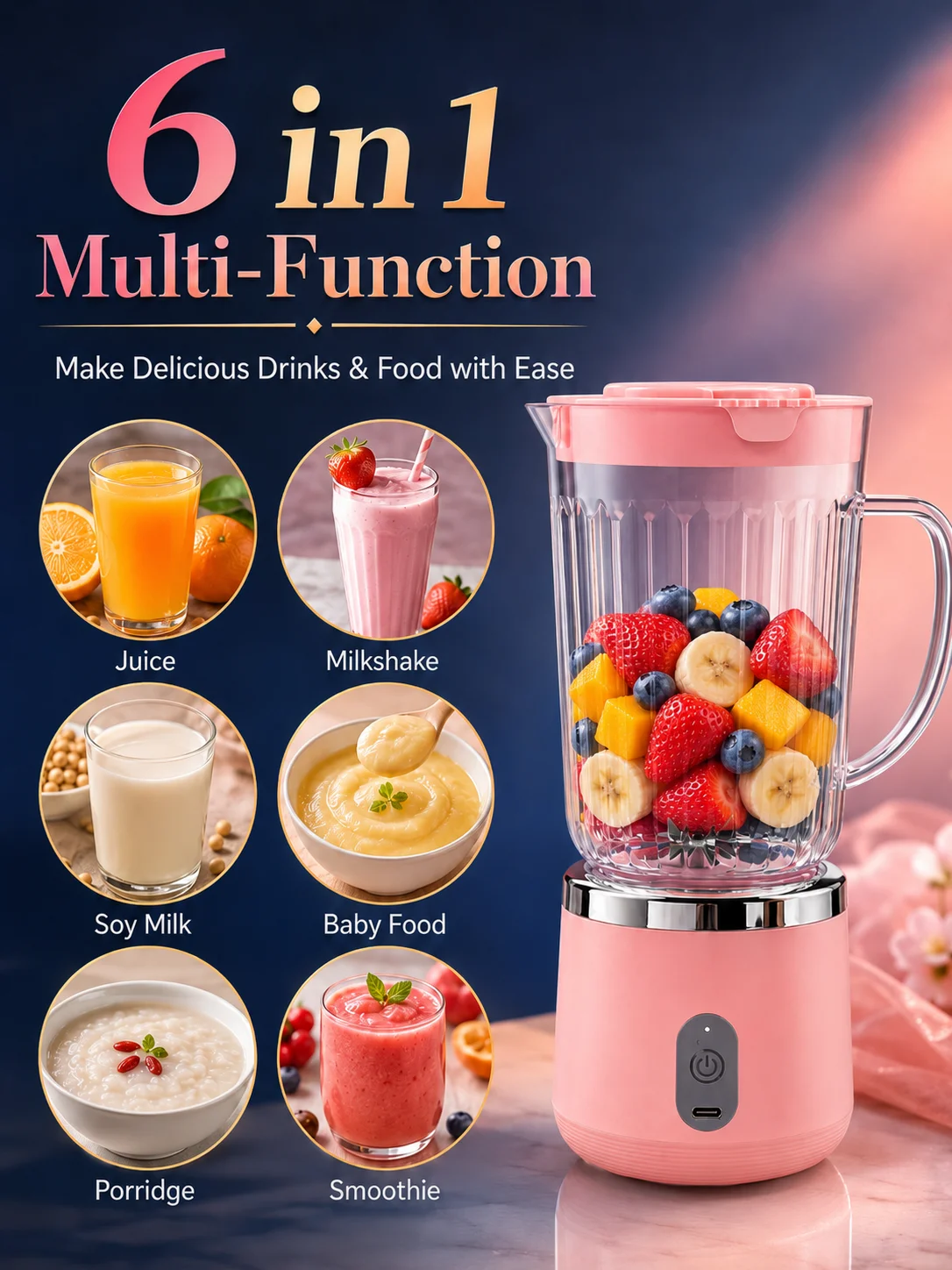 Compact 20cm Mini Portable Blender 800ml Large Capacity USB Charging 304 Steel Blade Smoothie Juicer Cup Easy To Clean
