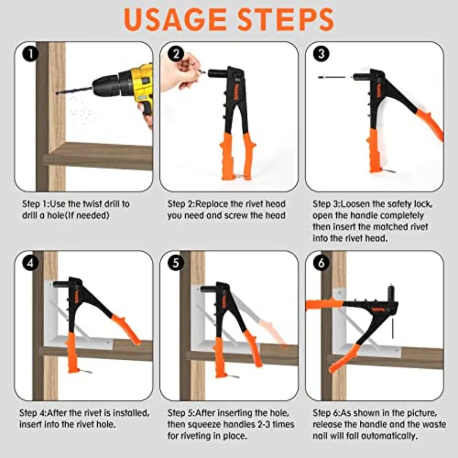 Meiwaltee Rivet Gun Professional Pop Rivet Gun Kit with 200Pcs Rivets in 3 32'1 8'5 32'3 16' Sizes Heavy Duty Hand Riveter Tool