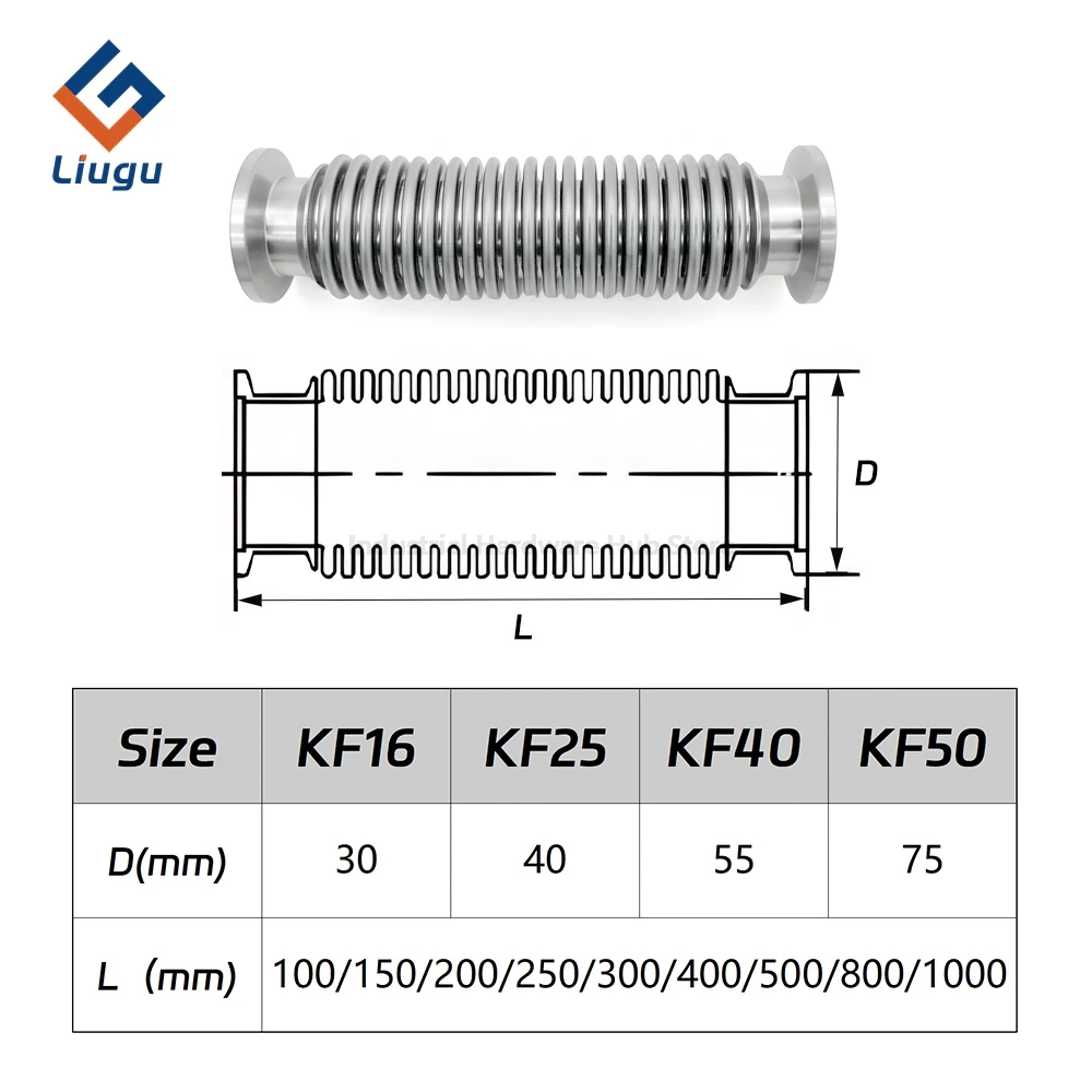 High Vacuum Bellows 304/316L Stainless Steel KF16 KF25 KF40 KF50, Flexible Corrugated Hose with Helium Leak Detection 100-1000mm