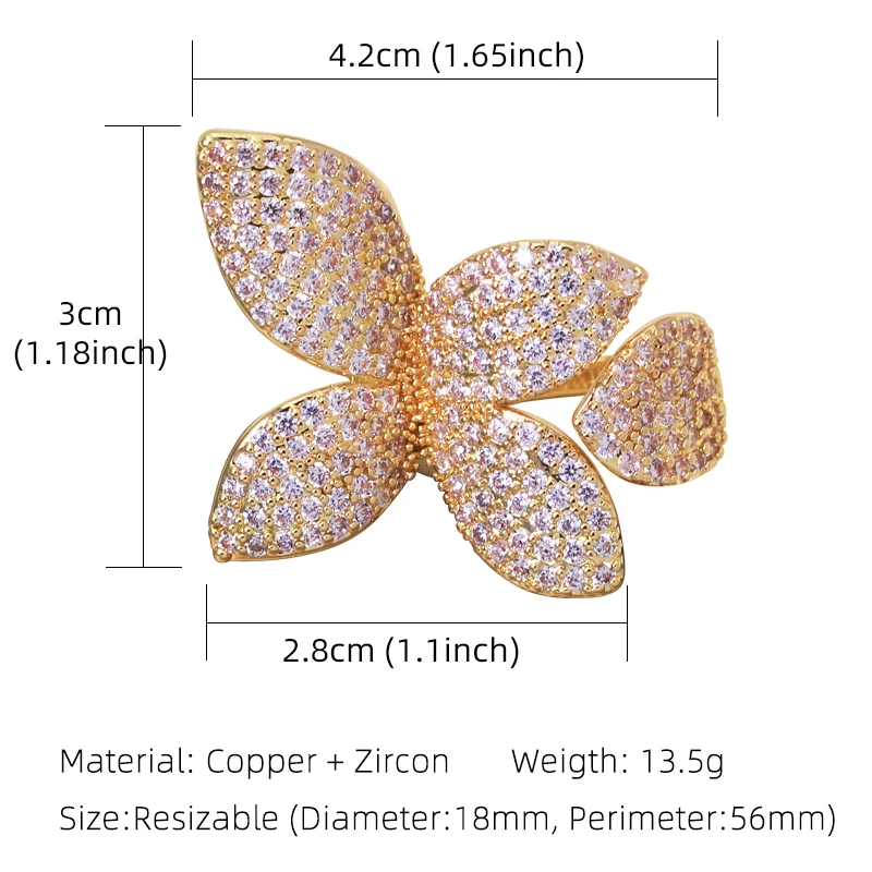 New Fashion Luxury Cubic Zirconia Women\'s Rings Oversized Butterfly Flower Rings for Women Open Resizable Female Engagement Ring