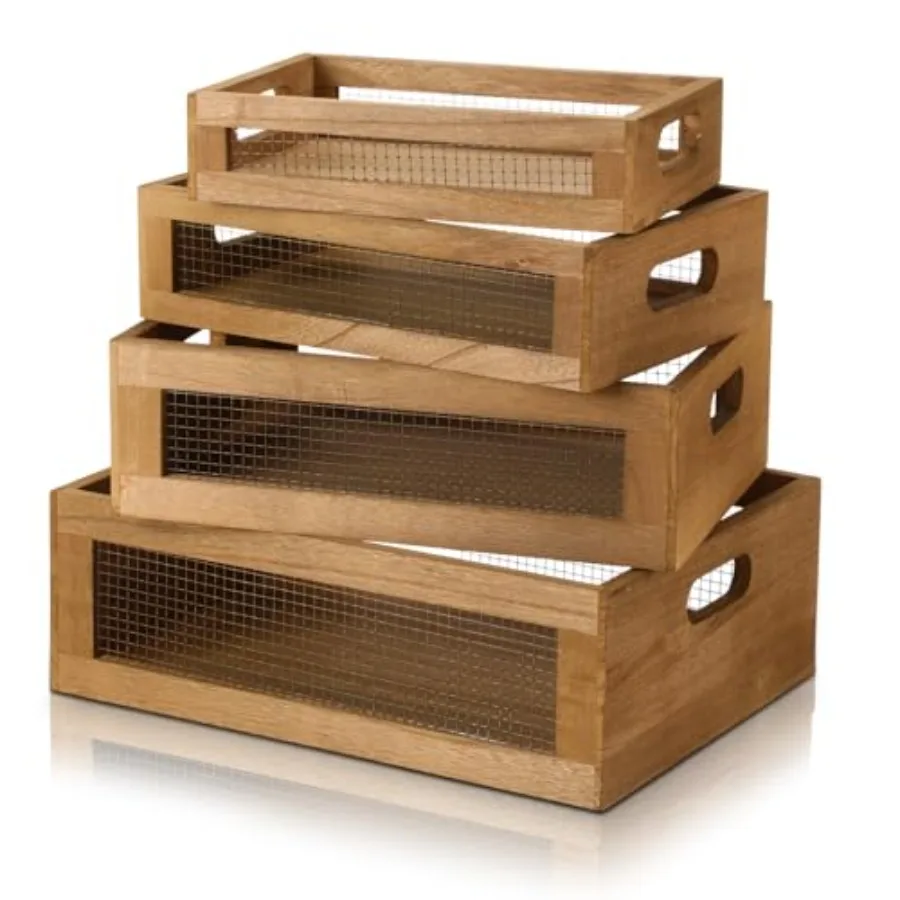 

4 Pcs Wooden Nesting Countertop Baskets 4 Size Wooden Storage Box with Handle and Metal Wire Multipurpose Wood Organizer Crate